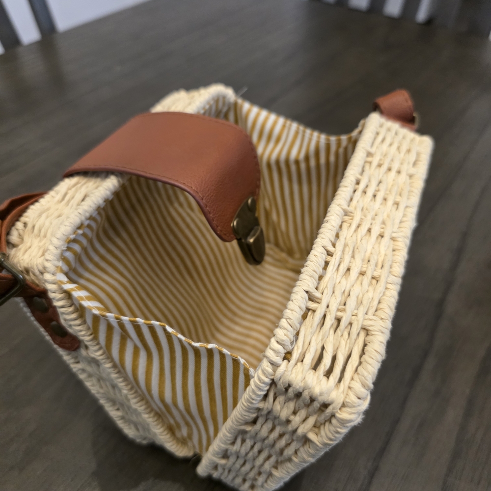 Mini Stylish Cream and Brown Woven Crossbody Bag - Picture 7 of 12
